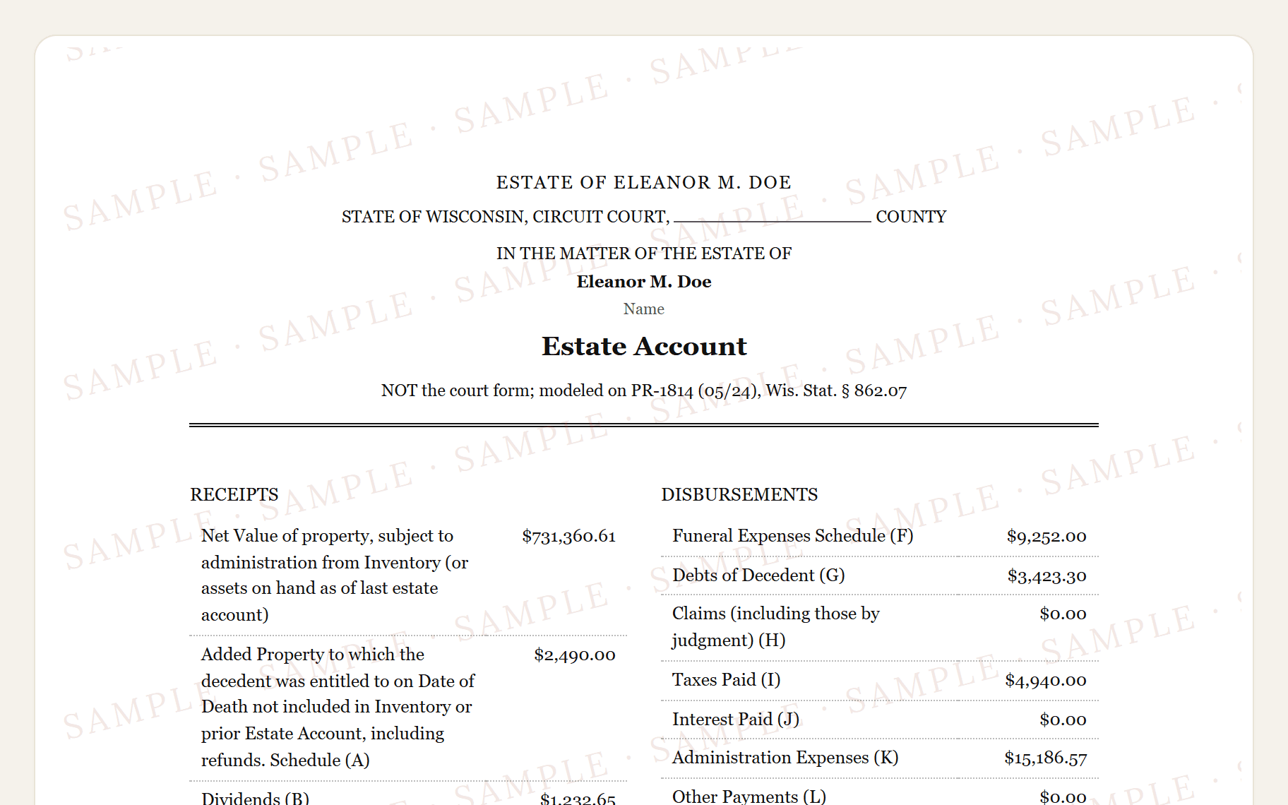 Top of the sample Wisconsin PR-1814 style estate account: the circuit court caption and the summary.