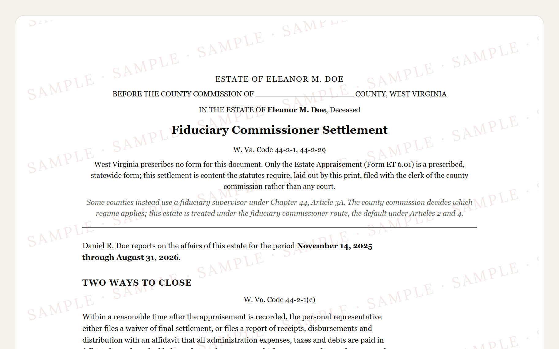 Top of the sample West Virginia appraisement: the county commission caption, the title, and Schedule A's two value columns.