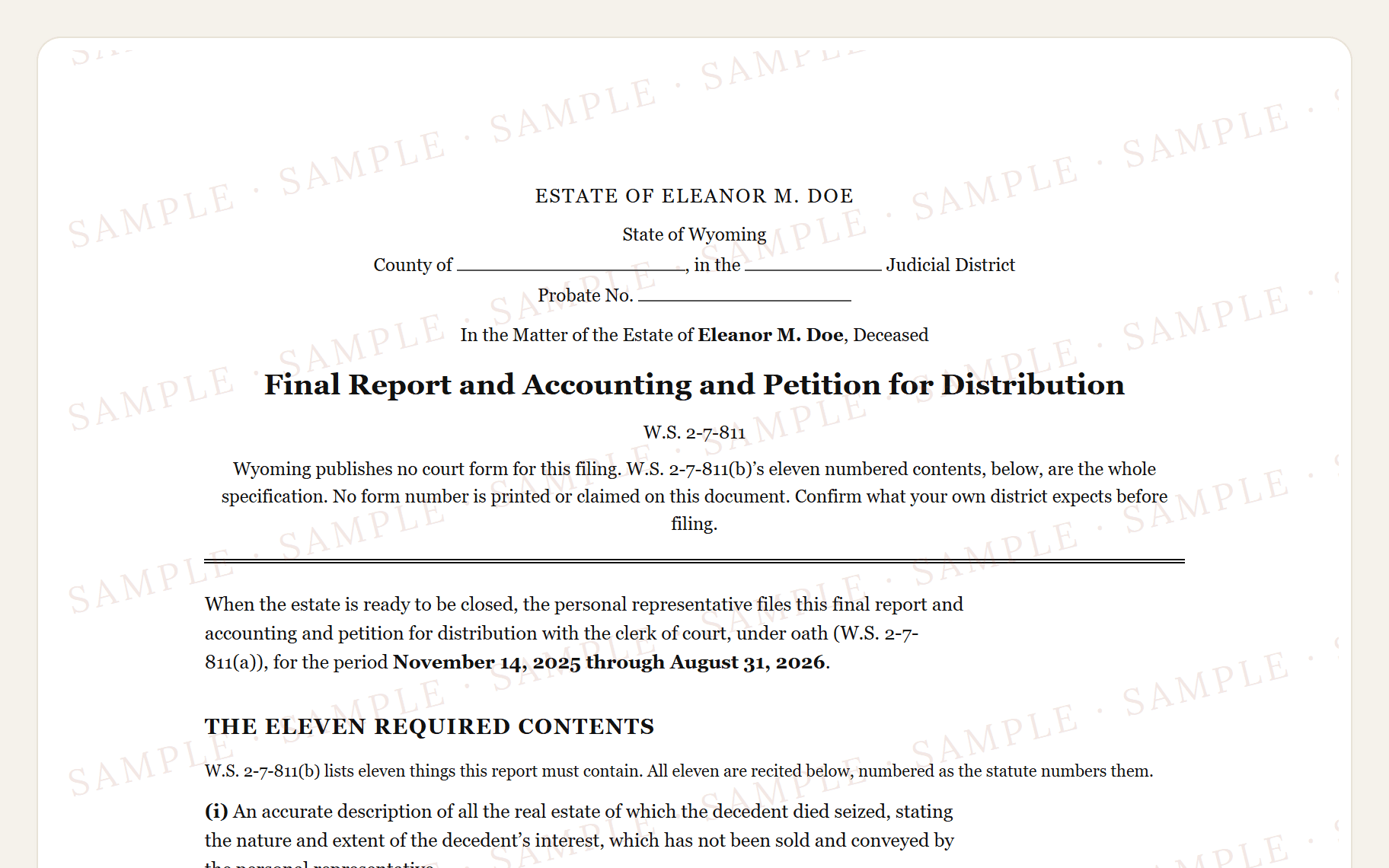 Top of the sample Wyoming inventory: the district court caption, the title, and the oath above the ruled list.