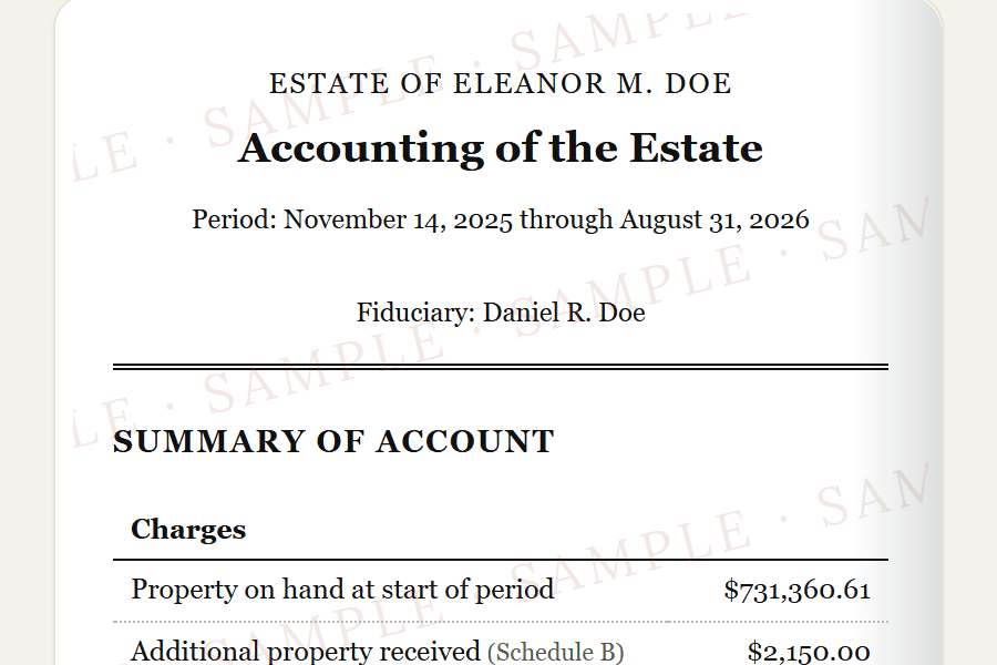 A finished accounting document, ready to hand to beneficiaries or the court